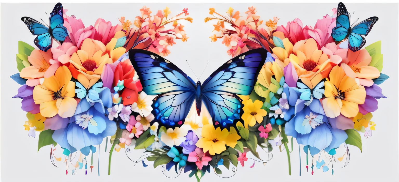 3 butterflies of different colors, intricate details, surrounded by flowers of different colors, bright light, sharp edge lines, whimsical associations, bold creativity, white background. Best Quality, Ultra Detailed, Masterpiece, 32K.