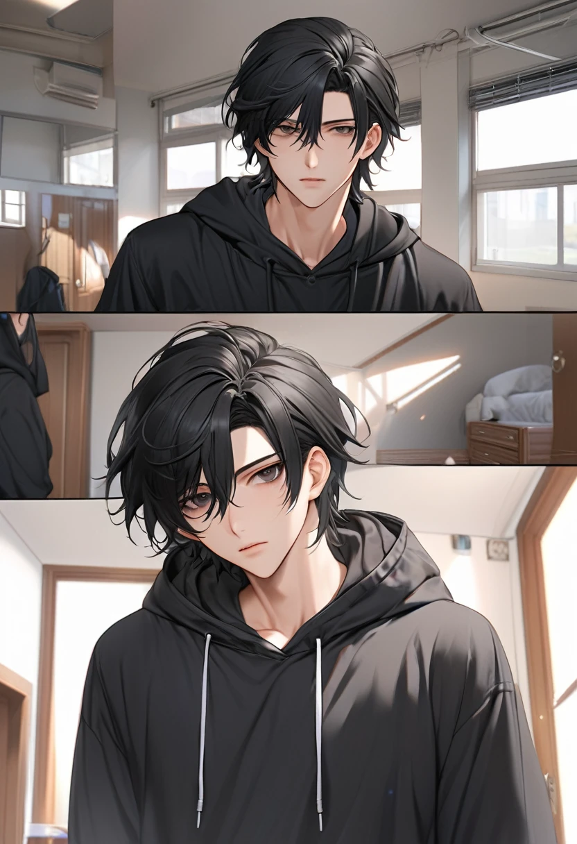 A high, handsome, perfect body, black hair, short hair, mullet black eyes, expressionless, black hoodie, anime, first-person view, masterpiece, anatomically correct, high details, highres, best quality, super detail, 1080P