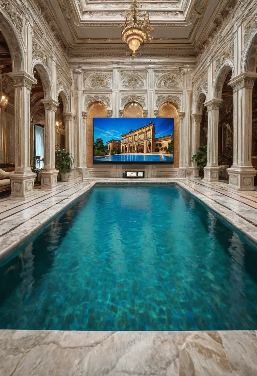 a close up of a pool in a house with a tv in the background, a hyperrealistic, renaissance, in a luxurious pool, luxurious furnitures mathching with colour of the palace , next to a pool, a pool inside the giant palace, dreampool rooms, in a swimming pool, ah yes, luxurious environment, dream pool