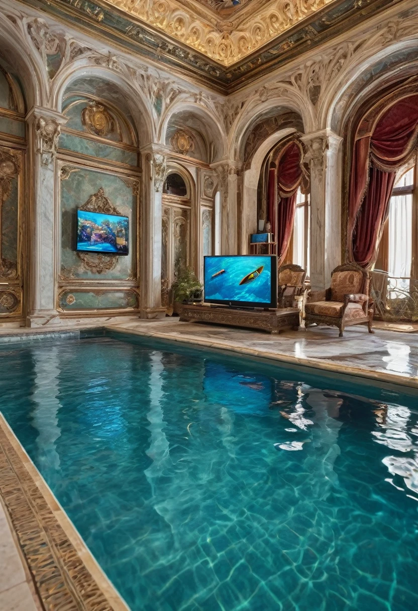 a close up of a pool in a house with a tv in the background, a hyperrealistic, renaissance, in a luxurious pool, luxurious furnitures mathching with colour of the palace , next to a pool, a pool inside the giant palace, dreampool rooms, in a swimming pool, ah yes, luxurious environment, dream pool