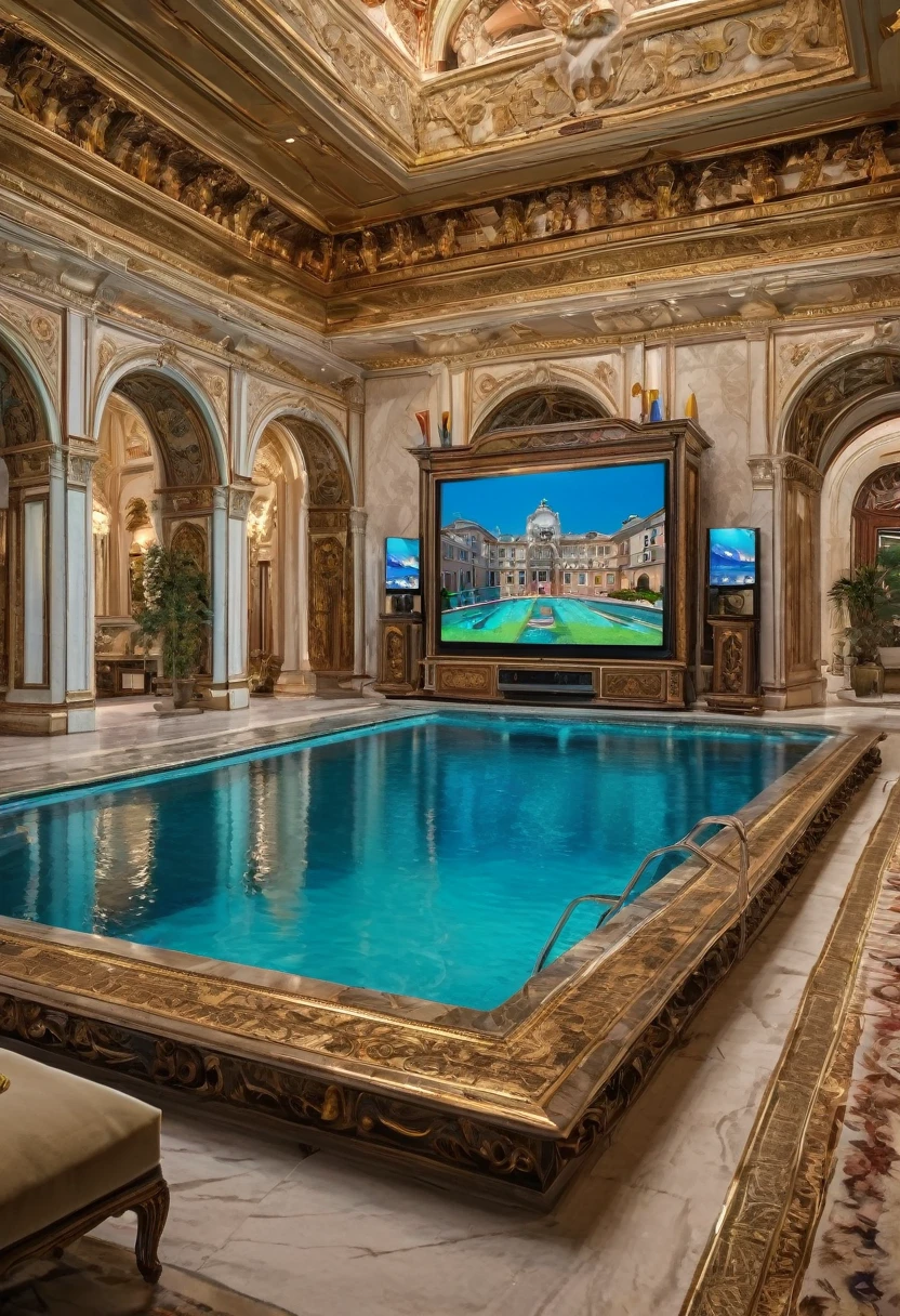a close up of a pool in a house with a tv in the background, a hyperrealistic, renaissance, in a luxurious pool, luxurious furnitures mathching with colour of the palace , next to a pool, a pool inside the giant palace, dreampool rooms, in a swimming pool, ah yes, luxurious environment, dream pool