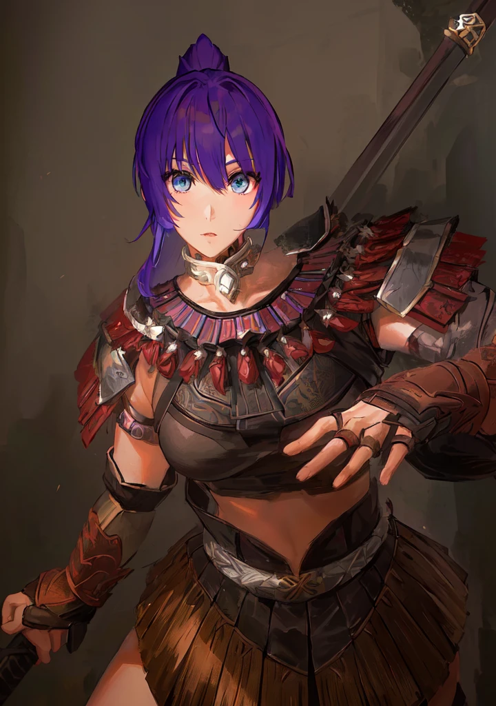 Anime style image of a woman with purple hair and a spear, As a powerful monster hunter, wearing monster hunter armor, Armor Girl, wearing monster hunter armor, A very beautiful berserker woman, wearing dark Purple Armor, Morrigan, Epic RPG portrait, Wearing a shining breastplate, Portrait Ninja Gaiden Girl, With scaly armor, Purple Armor，Dark skin，Black Leather，Good shape，Huge breasts，Three Kingdoms志。Three Kingdoms无双，Three Kingdoms，，antiquity，Chinese style，Female generals，Blue Eyes，Royal sister
