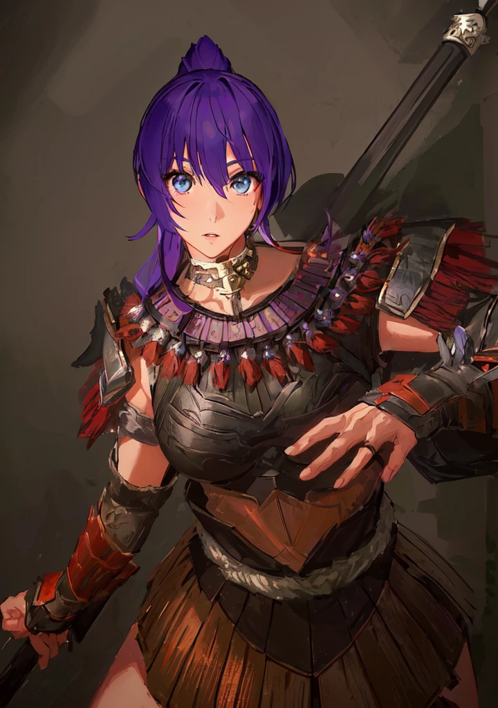 Anime style image of a woman with purple hair and a spear, As a powerful monster hunter, wearing monster hunter armor, Armor Girl, wearing monster hunter armor, A very beautiful berserker woman, wearing dark Purple Armor, Morrigan, Epic RPG portrait, Wearing a shining breastplate, Portrait Ninja Gaiden Girl, With scaly armor, Purple Armor,Dark skin,Black Leather,Good shape,Huge breasts,Three Kingdoms志。Three Kingdoms无双,Three Kingdoms,,antiquity,Chinese style,Female generals,Blue Eyes,Royal sister