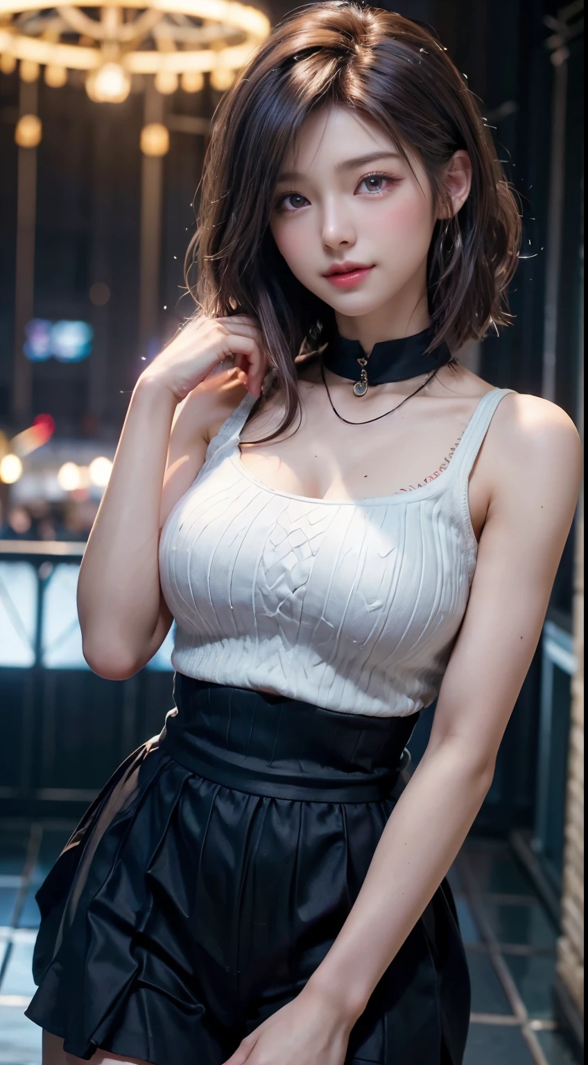 (masterpiece, realistic, high resolution), ((1 girl): 1.2), Korean, ((white wavy hair): 1.3), (heterochromic eyes: 1.1, thick eyebrows,), (medium breasts: 1.2, small waist, thighs), catwalk walk, masterpiece: 1.2, best quality), realism, (real pictures, rich detail details, depth of field), (1 girl, solo), makeup, high detail, perfect face shape, (: 1.4), (skin dents), thick thighs, wide hips, thin waist, high, coral, red lips, red eyes, ponytail, (sweat: 1.2), (wet), sexy, blush, (shy expression),  Vests, suspenders, belly pockets, stockings, fishnet socks,