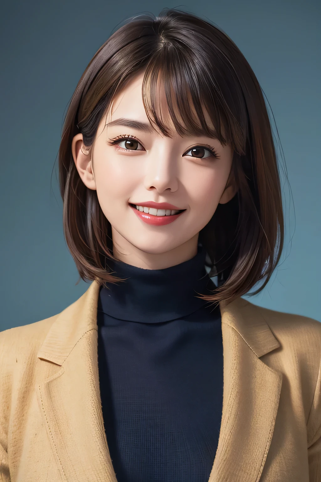 ((masterpiece)), ((Highest quality)), ((Complex)), ((Surreal)), (Realistic), (Mature Woman), ((There are no classes)), Very detailed, (1 female), Beautiful and exquisite, (Beautiful Teeth), Grin, Brunette Bob Hair, Brown eyes, ((Blue turtleneck)), (Upper Body), (background:none), Perfect Eyes, Captivating eyes, Looking at the audience