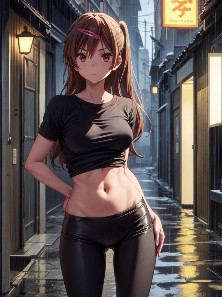 Girl, slim tight t-shirt, black thong, no pants, navel shown, street background, long torso, small ass, slim body, openlegs, in Stiletto Shoes, night, Narrow alley between houses, night, rain, You can see the ass, openlegs, open ass