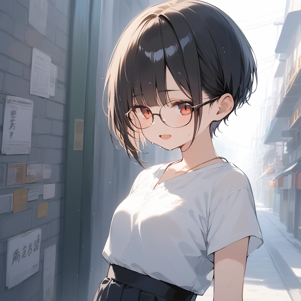 score_9, score_8_up, score_7_up, source_anime, best quality, masterpiece, official art, absurdres, highres, ultra-detailed,waifu2x,Collection: Slice of Life,break,1girl, very short hair,pixie cut, long bangs, glasses, small breasts, skirt, sweat, open mouth, outdoors, summer, break,(clear line illustration:1.2),very high resolution, very aesthetic, super detailed skin, Best sexual lighting powered by famous artist, 8k,cute picture,beauty illustration,photoshop_(medium),,(Detailed Lighting),best anime 8k konachan wallpaper, pixiv contest winner,