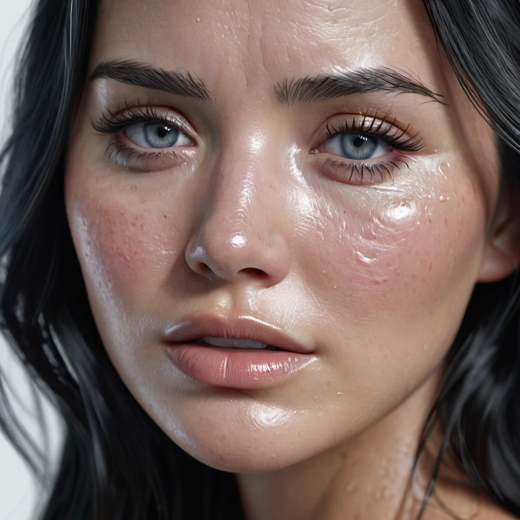 Close up of beautiful “Olivia Munn” crying with watery eyes, tears streaming down her eyes, heartbroken, realistic skin, skin pores and blemishes, 4K, cinematic photo, realistic, plain white background, detailed pupils, detailed iris, Long waved black hair, nude body
