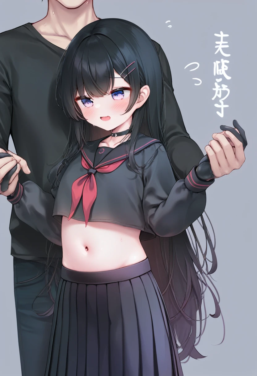 score_9, score_8_superior, score_7_superior, score_6_superior, score_5_superior, score_4_superior, masterpiece, Highest quality, One girl, One boy, Heterosexual, chest, Hello, Black Hair, Long Hair, , gloves, chestを掴む, close your eyes, Grab, Seraphim, Focus Only, large chest, blush, Simple Background, black gloves, Sailor collar, hair ornaments, choker, skirt, Open your mouth, Hair Clip, wing, Grab from behind, black skirt, neckerchief, black choker, bangs, black wing, Gray background, Explore, red neckerchief, black Seraphim, low wing, pleated skirt, black Sailor collar, Put your hands under your clothes, Long sleeve, Sweat, abdomen, Crop top, flying Sweatdrops, smile, belly button, very Long Hair, shirt