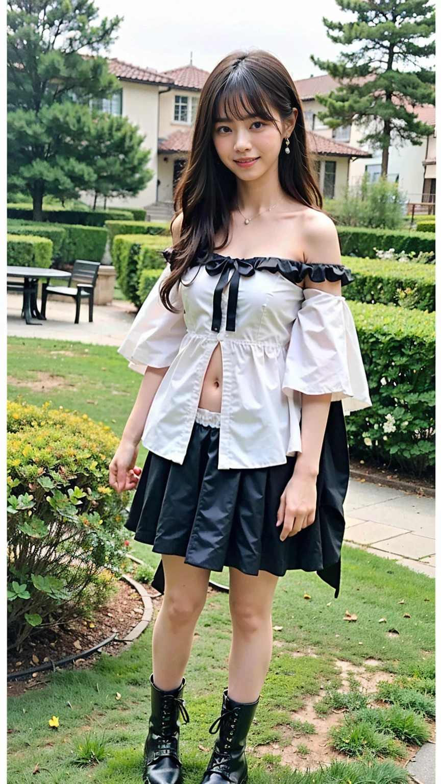 (8K、RAW Photos、Highest quality、masterpiece:1.2)、(Realistic、Realistic)、1 Girl、((black and white mini skirt、smile、Shortcuts、Frills、Off the shoulder、belly button、Cape、Black dress、whole body、See-through、boots、chest emphasis、whole body、garden、View from the front、Looking into the camera、Stand with hands on hips))、