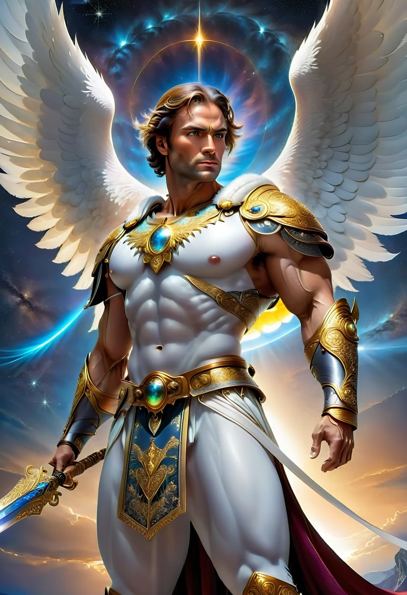 A majestic, muscular, winged archangel with a noble bearing, holding a longsword, wearing ancient robes, with piercing eyes, a sharp nose, and a dignified expression, floating in a starry sky, (best quality,8k,hyperrealistic,masterpiece:1.2),ultra-detailed,(realistic,photorealistic,photo-realistic:1.37),concept art,dramatic lighting,cinematic,chiaroscuro,epic,divine,awe-inspiring,intricate details,dramatic pose,powerful,heroic,celestial,ethereal,mystical,glowing,shimmering,radian