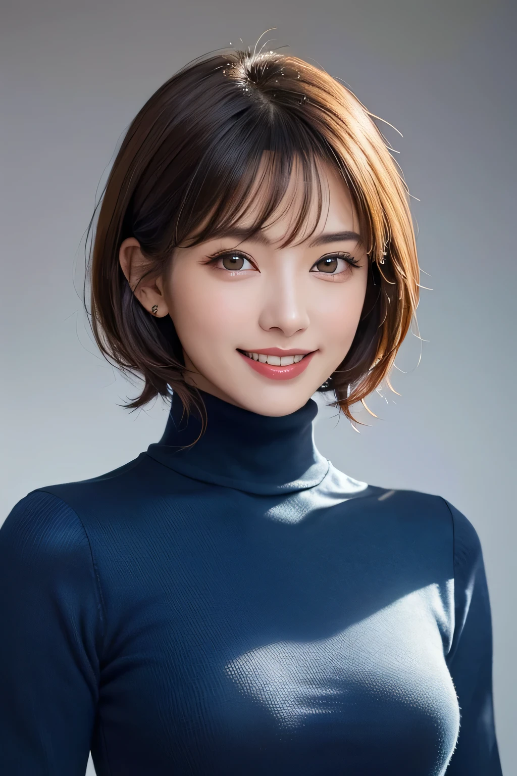 ((masterpiece)), ((Highest quality)), ((Complex)), ((Surreal)), (Realistic), (Mature Woman), ((There are no classes)), Very detailed, (1 female), Beautiful and exquisite, (Beautiful Teeth), Grin, Brunette Bob Hair, Brown eyes, ((Blue turtleneck)), (Upper Body), (background:none), Perfect Eyes, Captivating eyes, Looking at the audience