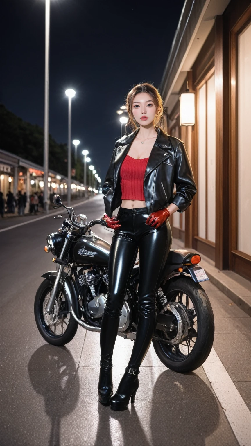 realistic,score_9, score_8_up, score_7_up, BREAK,
Full body shot, photo of the whole motorcycle, Cute young woman in Japan, Ride an old traditional shiny metallic silver motorcycle at the wharf, glamorous shape, shoulder length shiny smooth light brown hair, Wearing a leather black riding jacket, Glossy satin red bikini under riding jacket, Leather Black Riding Gloves, Leather Black Pants, Leather Black High Heel Long Boots, staring at night view over the sea, absolutely pretty face, Double eyelids, Natural makeup, long eyelashes, Glossy lips, 8K resolution, high details, detailed hairstyle, Detailed face, Black eyes, elegent, epicd, Cinematic lighting, Octane Rendering, Vibrant, Hyper realistic, Fair skin, Perfect limbs, Perfect Anatomy