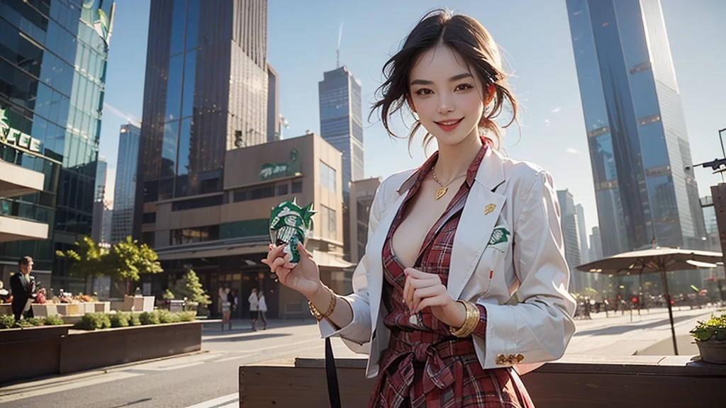 8K、RAW Photos、Highest quality、Super detailed、Super Resolution、Ultra HD、8K壁紙、Amazing details blazer uniform girl ((White blouse with formal collar, Blue Blazer, 
Red Check Skirt, Red checkered ribbon on blouse)), Complete limbs, Full Finger, 
((((((Starbucks outdoor cafe among skyscrapers))))))、((16 year old female student))、(((((Eat cake、Drink coffee、smile)))))、(((Heart Necklace、Gold bracelet)))
(((Emphasize cleavage)))
(((((Ferrari 488)))))
((((Full body photo、The whole body is visible、Full body portrait))))
