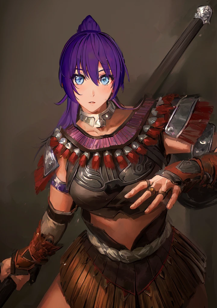Anime style image of a woman with purple hair and a spear, As a powerful monster hunter, wearing monster hunter armor, Armor Girl, wearing monster hunter armor, A very beautiful berserker woman, wearing dark Purple Armor, Morrigan, Epic RPG portrait, Wearing a shining breastplate, Portrait Ninja Gaiden Girl, With scaly armor, Purple Armor,Dark skin,Black Leather,Good shape,Huge breasts,Three Kingdoms志。Three Kingdoms无双,Three Kingdoms,,antiquity,Chinese style,Female generals,Blue Eyes,Royal sister