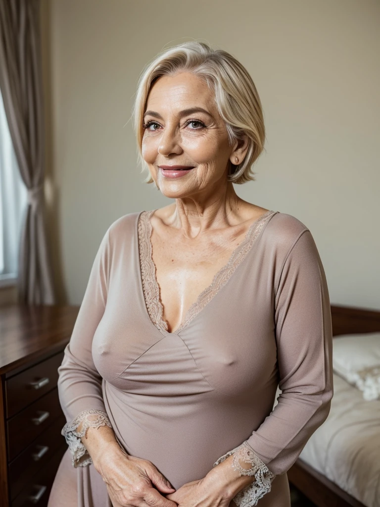 Mature old woman 80 years with short hair, plus size, old face and body with many wrinkles, loose skin, standing at bedroom posing for photo, She wearing black bodysuit with large neckline and lace stockings, side view. jaw dropping mature older beauty, old face and body with wrinkles, old face, full visible legs, smiling, attractive grandma, a gorgeous old hair, beautiful old grandma, lovely older mature grandma, gorgeous beautiful grandma over 80 years old, beautiful short hair grandma, beautiful detailed body and face, a beautiful old granny