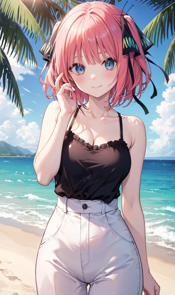 Nino Nakano is a character that appears in the anime "The Quintessential Quintuplets" 「The background is a sunny day at the sandy beach...」The eyes of this character are blue. My hairstyle is a bob cut with shockingpink color. This character is wearing a butterfly hair accessory. Please focus on this character. This character has a very lovely smile.high Quality. .. masterpiece,best quality,ultra detailed, My breast size is D cup. The background is a sunny day at the sandy beach. This character is wearing wide pants and a camisole top. The wide pants are black and the camisole top is a light blue color. Additionally, a glimpse of cleavage can be seen.