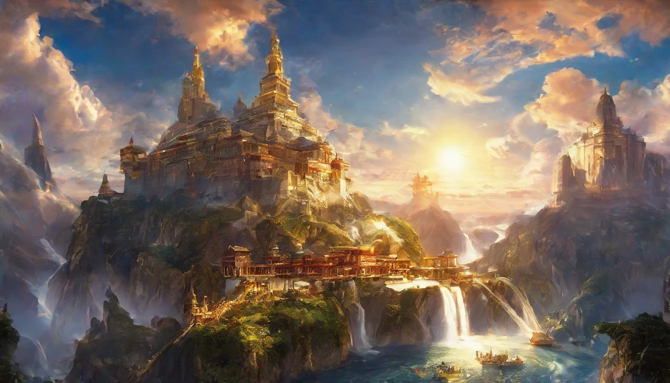 A breathtaking fantasy scene looking up at a magnificent floating city from below。The city floats in the air、See magnificent towers and intricate architecture reaching for the sky。The fortress is adorned with sparkling crystals and graceful cascading waterfalls.。The sky is filled with fantastic clouds and a shining sun.、A magical light shines over the whole scene.。Humans don't exist、Only the magnificent landscapes and impressive cities above are depicted.。