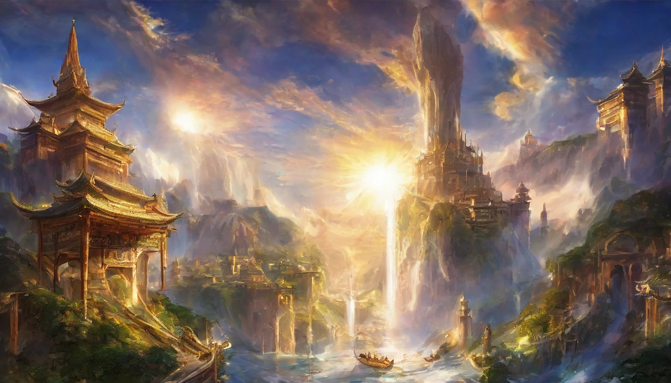 A breathtaking fantasy scene looking up at a magnificent floating city from below。The city floats in the air、See magnificent towers and intricate architecture reaching for the sky。The fortress is adorned with sparkling crystals and graceful cascading waterfalls.。The sky is filled with fantastic clouds and a shining sun.、A magical light shines over the whole scene.。Humans don't exist、Only the magnificent landscapes and impressive cities above are depicted.。