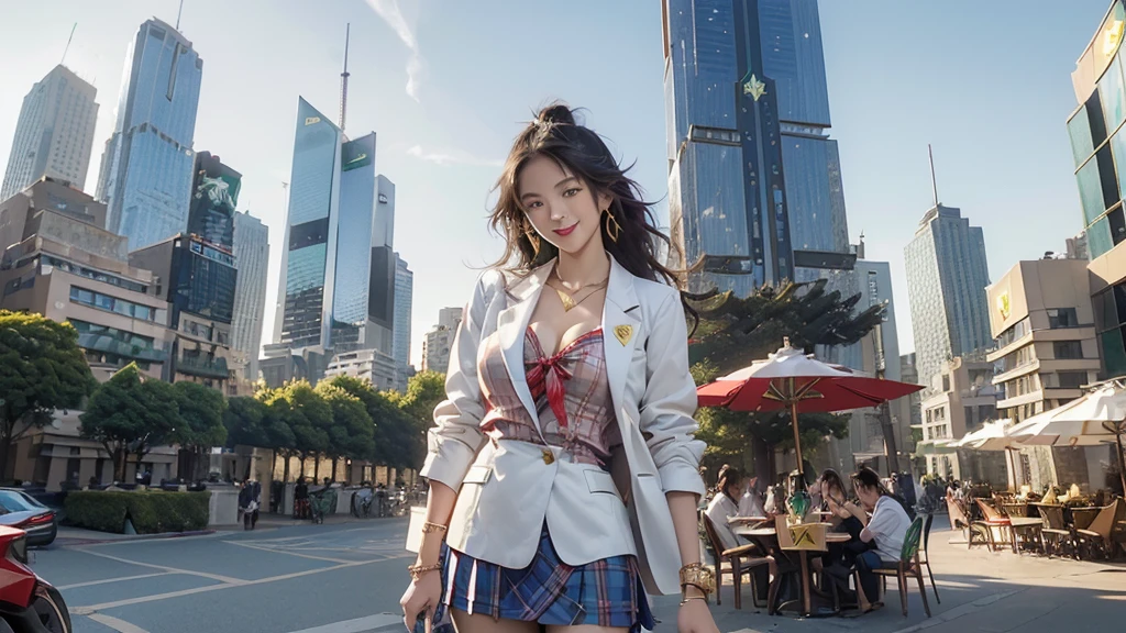 8K、RAW Photos、Highest quality、Super detailed、Super Resolution、Ultra HD、8K壁紙、Amazing details blazer uniform girl ((White blouse with formal collar, Blue Blazer,
Red Check Skirt, Red checkered ribbon on blouse)), Complete limbs, Full Finger,
((((((Starbucks outdoor cafe among skyscrapers))))))、((16 year old female student))、(((((Eat cake、Drink coffee、smile)))))、(((Heart Necklace、Gold bracelet)))
(((Emphasize cleavage)))
(((((Ferrari 488)))))
((((Full body photo、The whole body is visible、Full body portrait))))