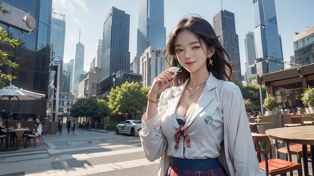 8K、RAW Photos、Highest quality、Super detailed、Super Resolution、Ultra HD、8K壁紙、Amazing details blazer uniform girl ((White blouse with formal collar, Blue Blazer,
Red Check Skirt, Red checkered ribbon on blouse)), Complete limbs, Full Finger,
((((((Starbucks outdoor cafe among skyscrapers))))))、((16 year old female student))、(((((Eat cake、Drink coffee、smile)))))、(((Heart Necklace、Gold bracelet)))
(((Emphasize cleavage)))
(((((Ferrari 488)))))
((((Full body photo、The whole body is visible、Full body portrait))))