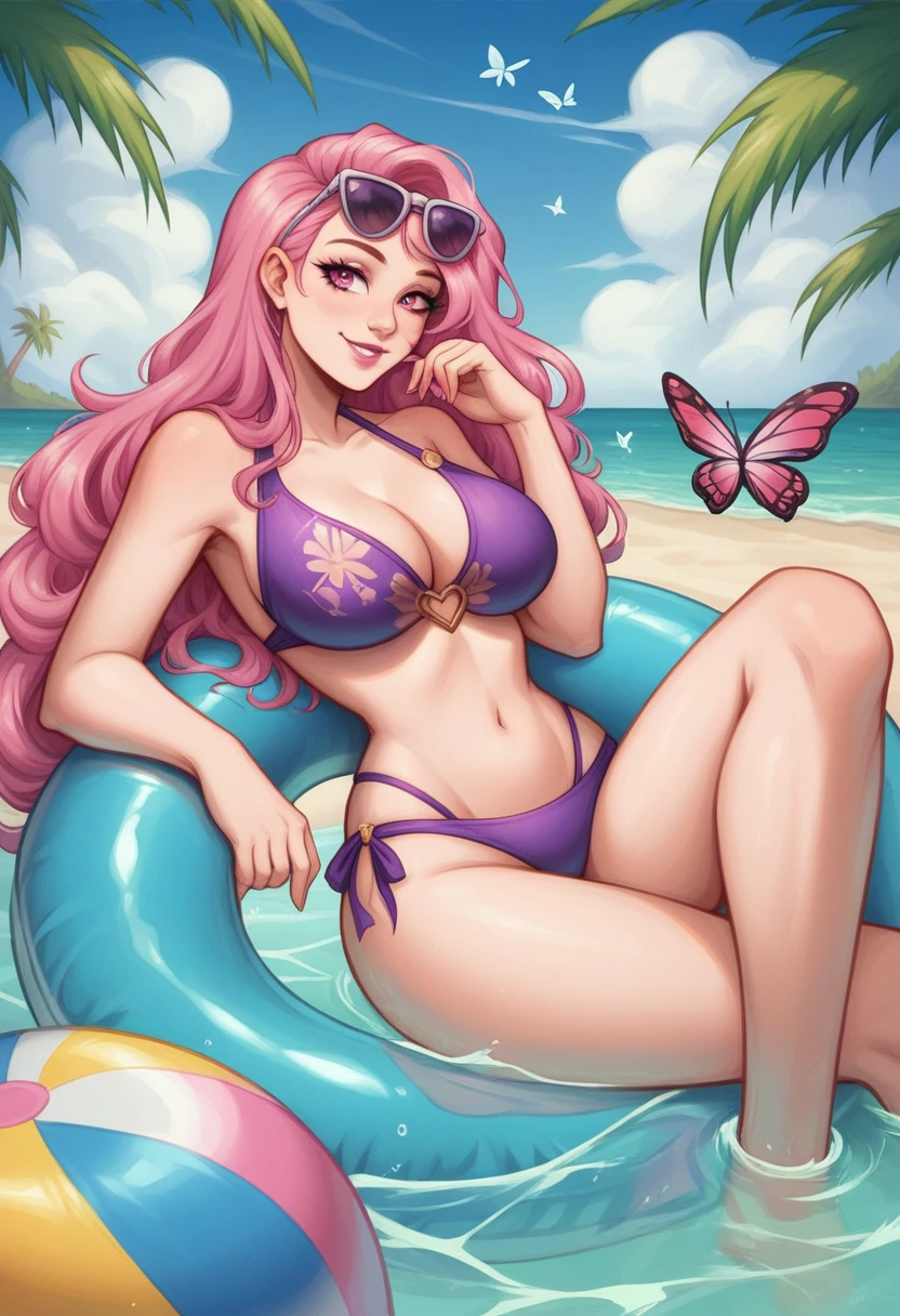 best aesthetic, lolsplashart, pool seraphine, 1girl, solo, long hair, breasts, looking at viewer, smile, bangs, very large breasts, swimsuit, cleavage, pink lipstick, kiss marks, magenta eyes, magenta hair, pink hair, outdoors, butterfly, sky, day, bikini, cloud, tree, water, pedal, blue sky, butterfly wings, purple bikini, pink pool float, inflatable water wings, arm floaties, beach ball, sunglasses, palm tree, beachball, beach umbrella, ocean waves, a beautiful young woman with long pink hair, wearing a purple bikini and sunglasses, lounging on a pool float in a sparkling blue pool. She is surrounded by tropical flowers and palm trees, and the scene is set against a backdrop of a bright blue sky with fluffy white clouds. The woman's pose is relaxed and carefree as she floats in the pool, enjoying the sunshine. The woman is also holding a pink and white beach ball between her arm and waist,  The colorful flowers, pool float, and her bold purple bikini all contribute to the fun, summery vibe. The overall atmosphere is cheerful and lighthearted, capturing the essence of a perfect poolside day.