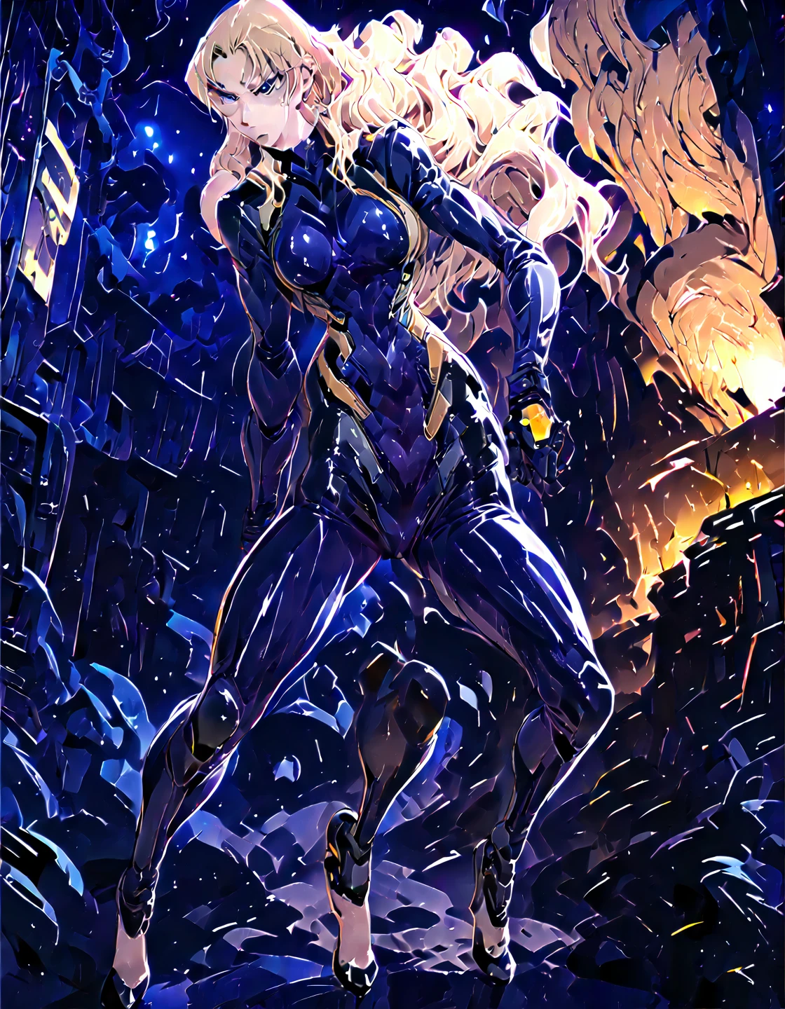 (masterpiece, best quality:1.5),((Extremely detailed)),high resolution,Anime style,(Beautiful blonde hair woman,full body, blonde female agent, tight combat suit, *** posture, mysterious atmosphere, night action, perfect figure:1.3),