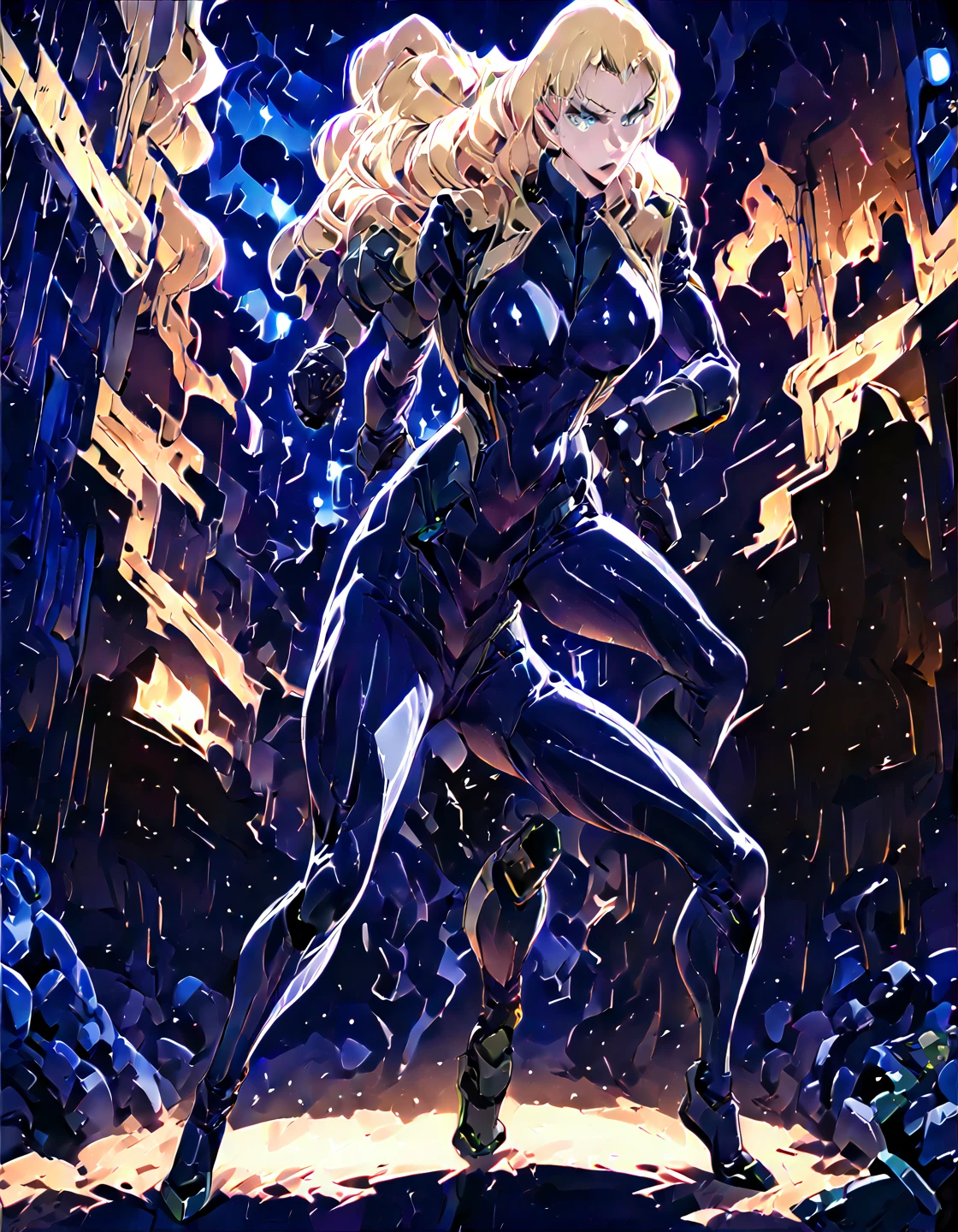 (masterpiece, best quality:1.5),((Extremely detailed)),high resolution,Anime style,(Beautiful blonde hair woman,full body, blonde female agent, tight combat suit, *** posture, mysterious atmosphere, night action, perfect figure:1.3),