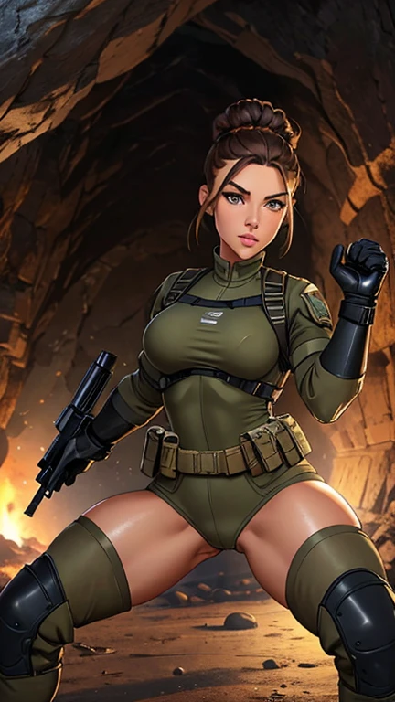 Israel military woman, beautiful, beautiful face, beautiful hazel eyes, brunette hair bun hairstyle, puffy lips, slim athletic body, perfect breasts, round ass, thick thighs, israel military uniform, tactical gear, tactical gloves, combat boots, cave in background, tight fit full outfit, tight panties mark, head to toe, armored vehicle