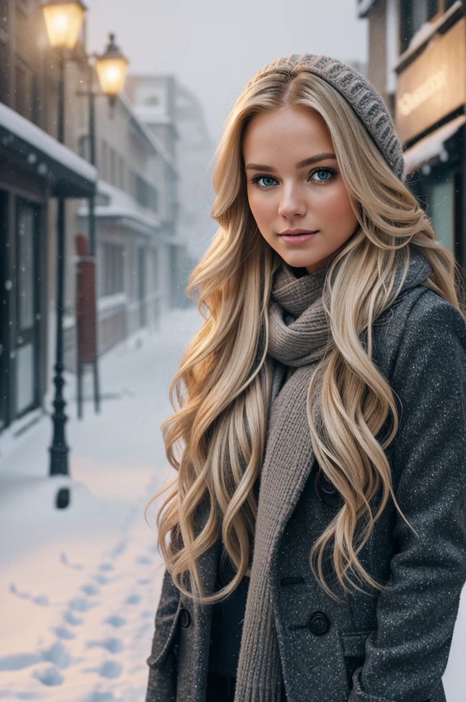 professional portrait photograph of a gorgeous Norwegian girl in winter clothing with long wavy blonde hair, sultry flirty look, gorgeous symmetrical face, cute natural makeup, wearing elegant warm winter fashion clothing, ((standing outside in snowy city street)), stunning modern urban environment, ultra realistic, concept art, elegant, highly detailed, intricate, sharp focus, depth of field, f/1. 8, 85mm, medium shot, mid shot, (((professionally color graded))), bright soft diffused light, (volumetric fog), trending on instagram, without clothes hdr 4k, 8k