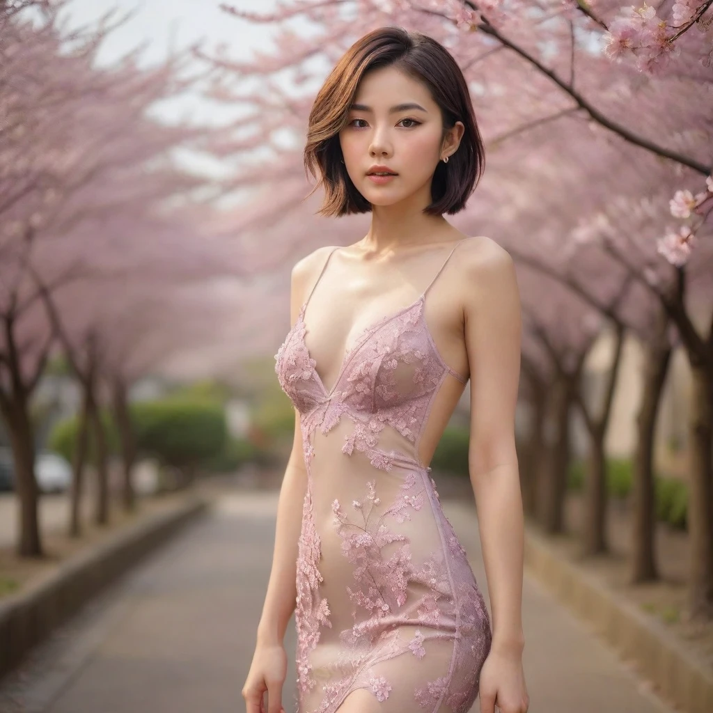 Masterpiece, charming asian aged 20 years old, super detailed, high quality, sharp focus, cinematic lighting, beauty, bob hair, necklace, (slim legs), (slender body), (medium breasts), small tattoo, (slip breasts), (sexy embellished dress), (one leg up), (no bra), (no panty), (Outdoor full-bloom Sakura blossom trees background), (Sakura petals falling), (nsfw), photorealistic