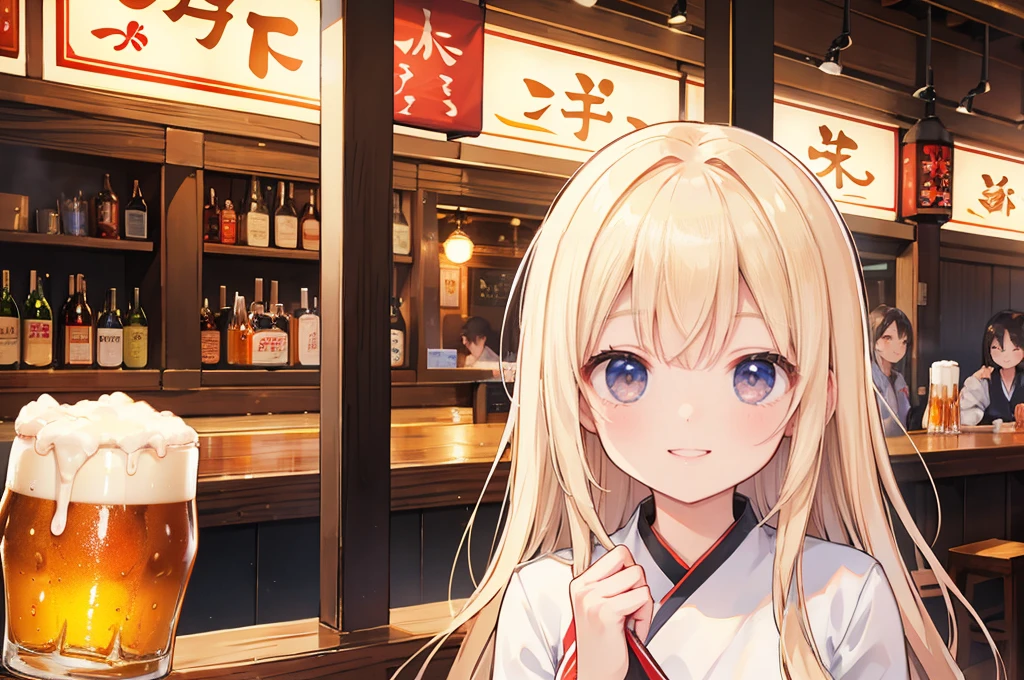 Photorealistic、Highest quality、Highest Resolution、Highest quality、8K、Beautiful woman、smile、Smile、looks fun、Izakaya、Many customers、Beer 、cheers、Beer でcheers、