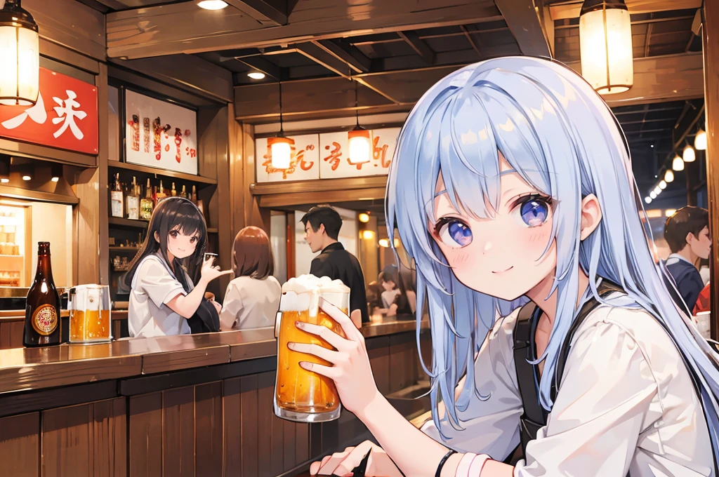 Photorealistic、Highest quality、Highest Resolution、Highest quality、８Ｋ、Beautiful woman、smile、Smile、looks fun、Izakaya、Many customers、Beer 、cheers、Beer でcheers、