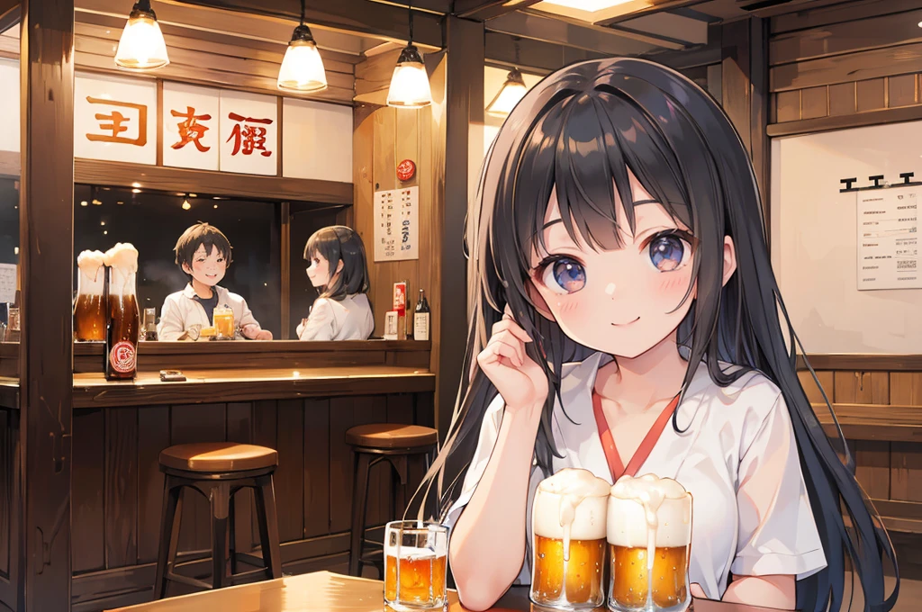 Photorealistic、Highest quality、Highest Resolution、Highest quality、８Ｋ、Beautiful woman、smile、Smile、looks fun、Izakaya、Many customers、Beer 、cheers、Beer でcheers、