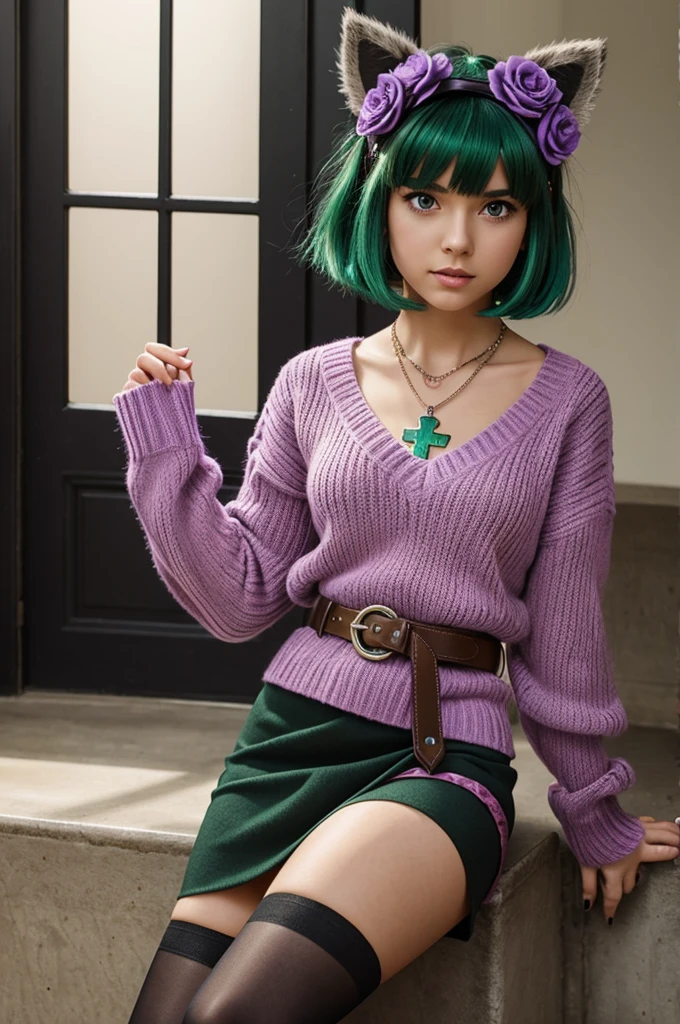 Your name is Patricia, is a girl with green hair and raccoon ears, a fuller body, short hair, wearing a pink sweater with straps, a cross necklace, and a dark purple short skirt with a belt, with psychic powers similar to Ness from EarthBound, green eyes, with a tail that has green fur like her ears, and she insists that the character looks cute, wearing dark purple stockings with flower patterns like roses on her head
