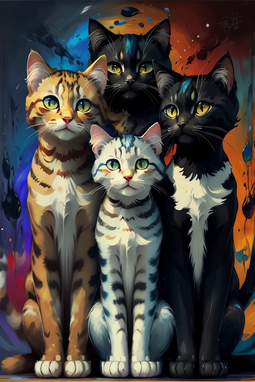 Three ethereal felines, elegantly captured in the style of abstract expressionism, dance across the canvas with fluid, swirling brushstrokes. Deep and vibrant hues of amber, cerulean, and obsidian blend together, each stroke meticulously placed to evoke a sense of movement and emotion. The background remains neutral, allowing the feline trio to take center stage. The overall mood is contemplative, as if each cat is pondering the mysteries of the universe. Intricate details and sharp lines showcase the artist's mastery of his craft, while the stunning 8K resolution brings out every brushstroke with breathtaking clarity. The piece is a testament