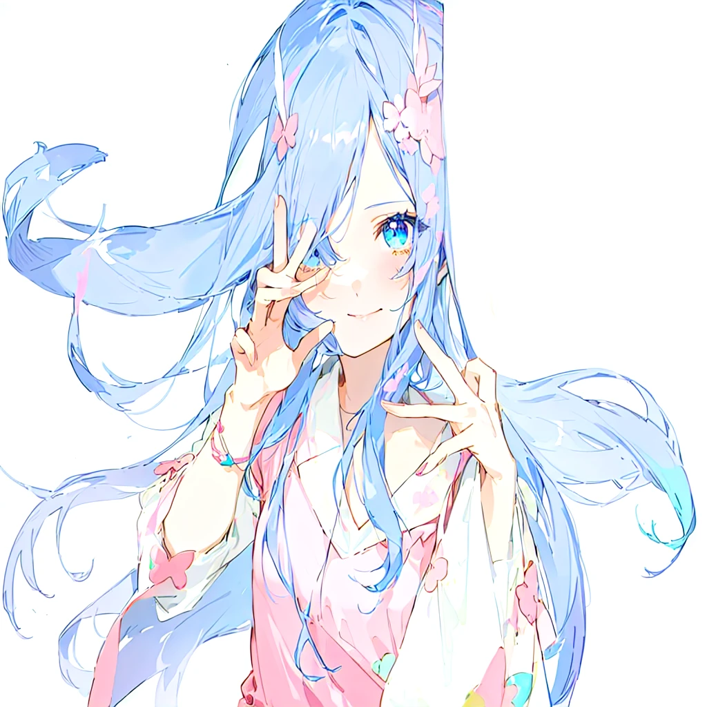 Anime girl with blue hair and pink dress makes a peace sign, soft anime illustration, anime art style, I'll do fanart too, flat fill in anime style, beautiful anime girl, Anime art style, pixive style, 2D anime style, anime stylized, Detailed fanart, beautiful Anime art style, made in an anime artist's studio, zerochan art, color line drawing