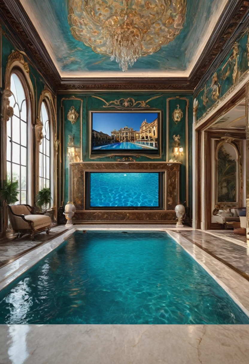 a close up of a pool in a house with a tv in the background, a hyperrealistic, renaissance, in a luxurious pool, luxurious furnitures mathching with colour of the palace , next to a pool, a pool inside the giant palace, dreampool rooms, in a swimming pool, ah yes, luxurious environment, dream pool