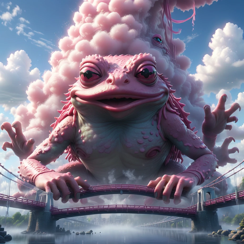 Hyperrealistic art BJ_Sacred_beast, pink pepe_frog,outdoors,sky,day,cloud,water,blue_sky,no_humans,cloudy_sky,building,scenery,reflection,monster,bridge,fog,
cinematic lighting,strong contrast,high level of detail,Best quality,masterpiece,White background,. Extremely high-resolution details, photographic, realism pushed to extreme, fine texture, incredibly lifelike, 