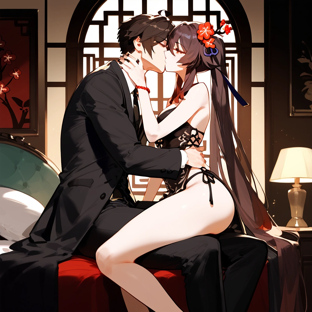 anime artwork, score_9, score_8_up, score_7_up, score_6_up, score_5_up, score_4_up, hu tao, she is 24 years old, style_3, sit,,,,,,,,,, bikini, 1boy, zhongli, he grabbing her , they are kissing, indoors