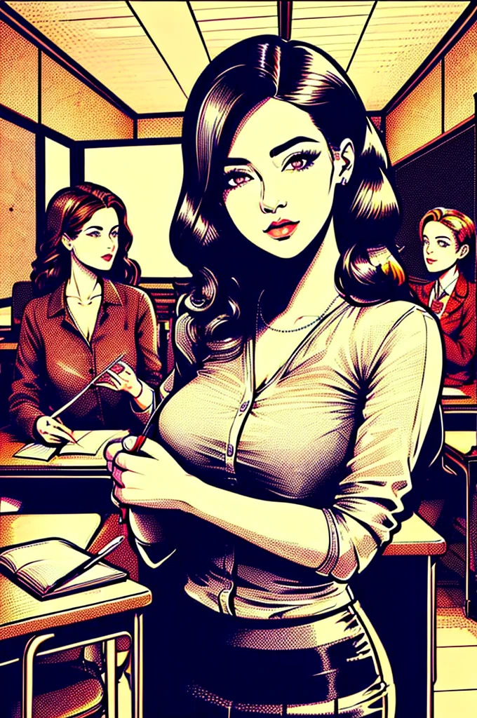 ((best quality)), ((Very detailed)), masterpiece, absurd, Delicate face, Pretty Face, (Delicate eyes, Deep eyes), (1 Girl), multiple views, Upper Body, Monitor head, Long hair, Orange Hair, Medium breasts, Mechanical limbs, (in, in the classroom, desk, a teacher, permanent, Pencil Skirt, Button-down shirts ((rest)) and multiple Girls, schoolGirls, ((6+Girls)),  , Pleated Skirt, ), Pop Art