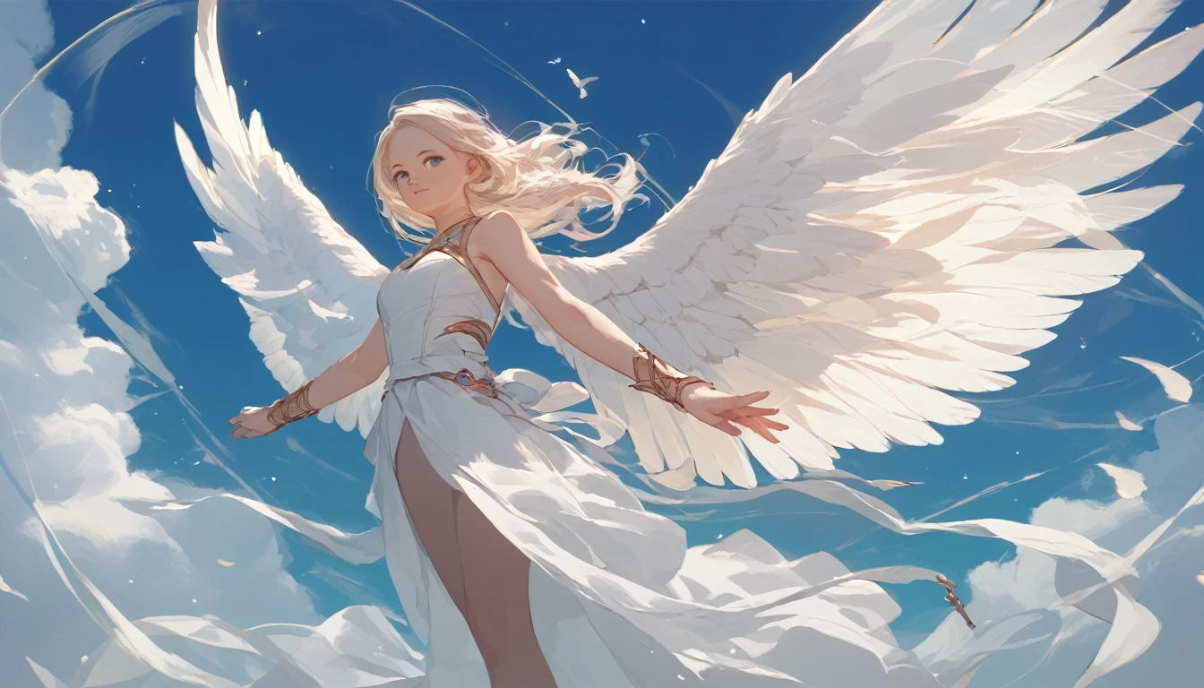 score_9, score_8_up, score_7_up, source_anime, detailed, 8k, cinematic angle, rating safe, from back, wide shot, A white winged angel is flying and look down, aureole, perfect face, 