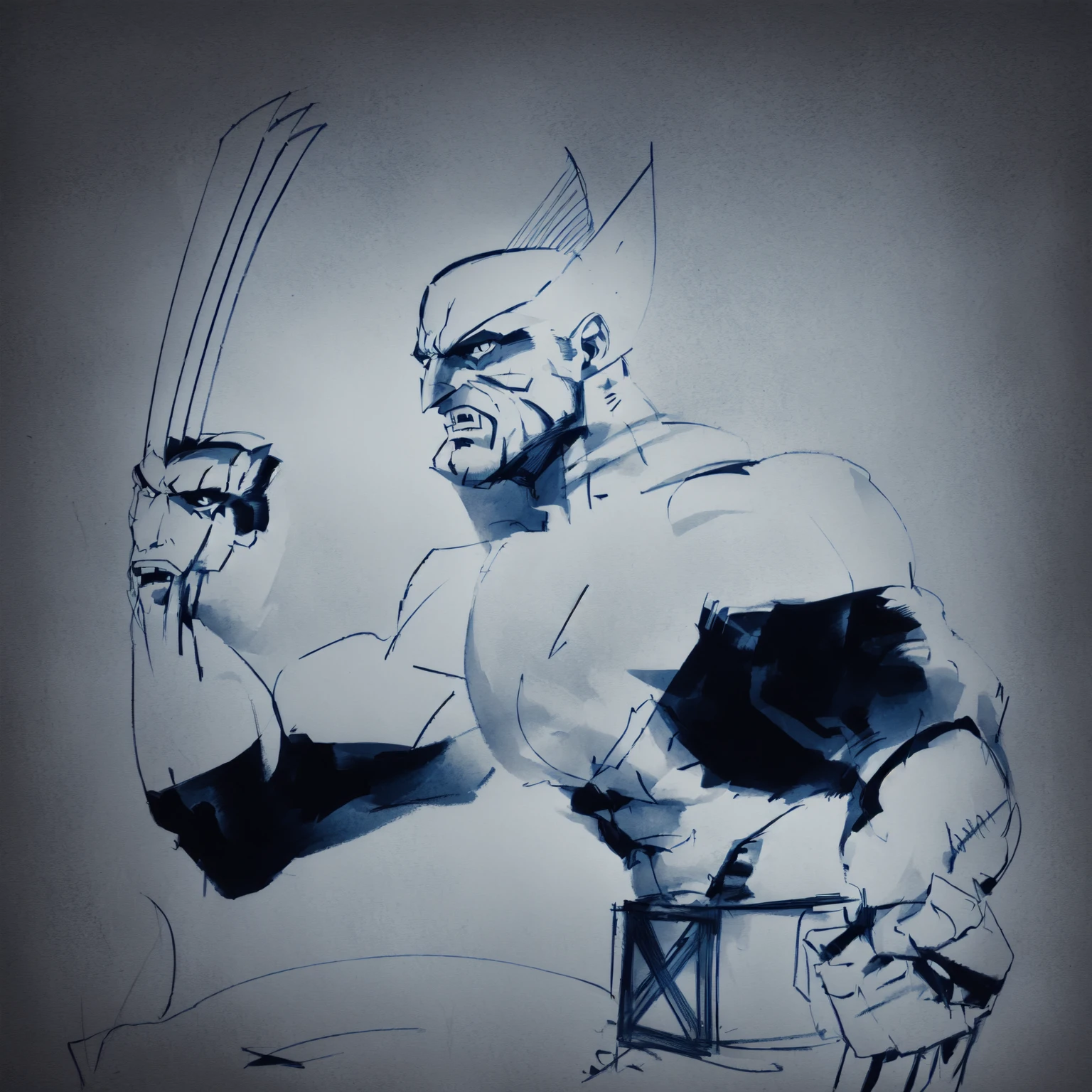 a drawing of a man with a wolverine mask holding a sword, wolverine action pose, wolverine ate, intense line art, wolverine, portrait of wolverine, inspired by Frank Miller, menacing pose, sharp lineart, clint eastwood as wolverine, inspired by Jim Lee, inspired by Neal Adams, extremely fine ink lineart, comic book drawing, bold lineart