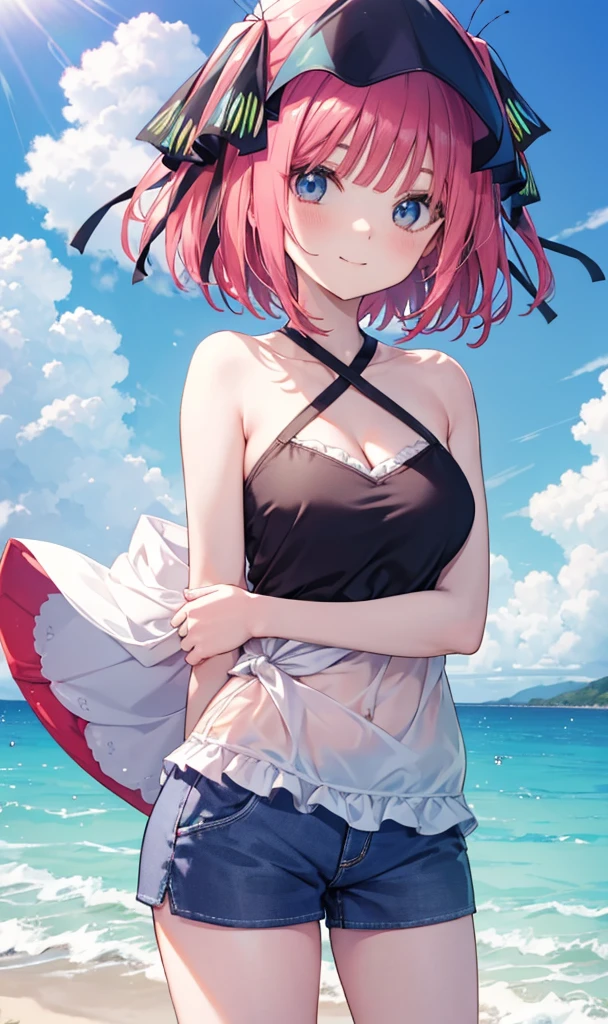 Nino Nakano is a character that appears in the anime "The Quintessential Quintuplets" 「The background is a sunny day at the sandy beach...」The eyes of this character are blue. My hairstyle is a bob cut with shockingpink color. This character is wearing a butterfly hair accessory. Please focus on this character. This character has a very lovely smile.high Quality. .. masterpiece,best quality,ultra detailed, My breast size is D cup. The background is a sunny day at the sandy beach. This character is wearing short pants and a camisole top. The short pants are black and the camisole top is a light blue color. Additionally, a glimpse of cleavage can be seen.