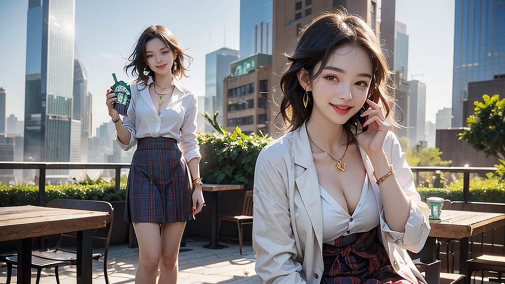 8K、RAW Photos、Highest quality、Super detailed、Super Resolution、Ultra HD、8K壁紙、Amazing details blazer uniform girl ((White blouse with formal collar, Blue Blazer, 
Red Check Skirt, Red checkered ribbon on blouse)), Complete limbs, Full Finger, 
((((((Starbucks outdoor cafe among skyscrapers))))))、((16 year old female student))、(((((Eat cake、Drink coffee、smile)))))、(((Heart Necklace、Gold bracelet)))
(((Emphasize cleavage)))
(((((Ferrari 488)))))
((((Full body photo、The whole body is visible、Full body portrait))))
