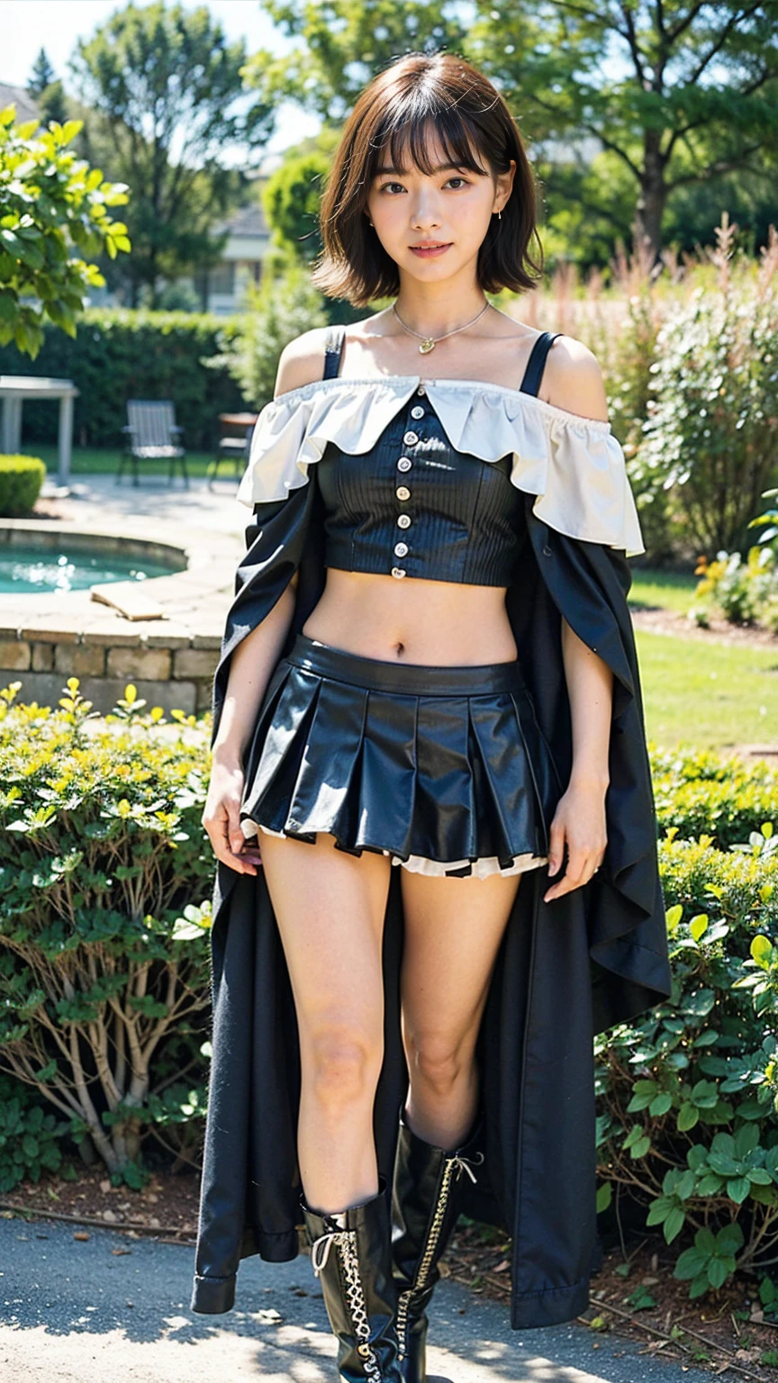 (8K、RAW Photos、Highest quality、masterpiece:1.2)、(Realistic、Realistic)、1 Girl、((black and white mini skirt、smile、short hair、Frills、Off the shoulder、belly button、Cape、Black dress、whole body、See-through、boots、chest emphasis、whole body、garden、View from the front、Looking into the camera、Stand with hands on hips))、