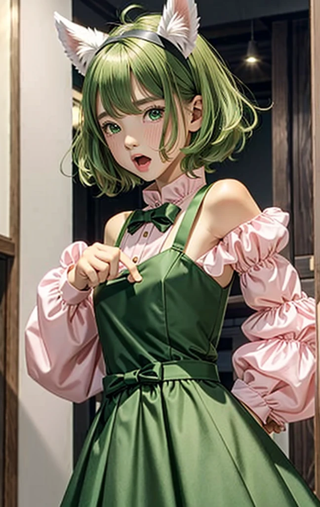 1 boy, ^^^, animal ears, blush, dog ears, dog tail, dress, fang, green eyes, green hair, long sleeves, looking at viewer, open mouth, pink dress, short hair, solo, sweat, tail, upper body