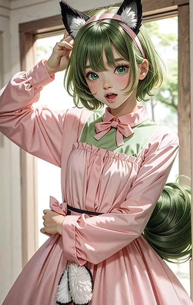 1 boy, ^^^, animal ears, blush, dog ears, dog tail, dress, fang, green eyes, green hair, long sleeves, looking at viewer, open mouth, pink dress, short hair, solo, sweat, tail, upper body
