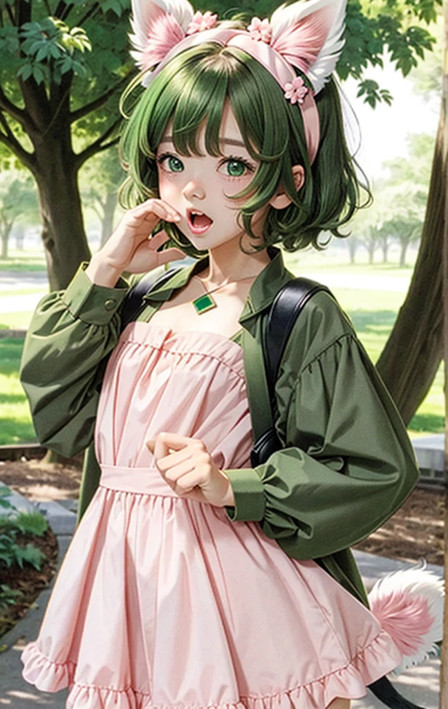 1 boy, ^^^, animal ears, blush, dog ears, dog tail, dress, fang, green eyes, green hair, long sleeves, looking at viewer, open mouth, pink dress, short hair, solo, sweat, tail, upper body