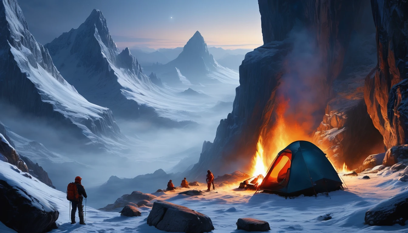 (cave), (campfire), (backpack), snowy mountains, night, snow, fog, science fiction art, Dennis Ruston